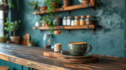 Obraz premium A wooden counter with a cup of coffee on a saucer. The counter is surrounded by potted plants and has a variety of jars and bottles on it. The scene gives off a cozy and inviting atmosphere
