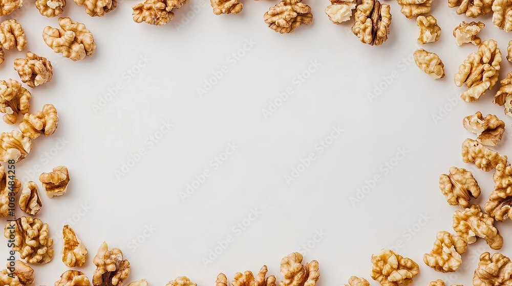 Poster a flat lay of delicious walnuts arranged on a clean, blank background, creating a visually appealing