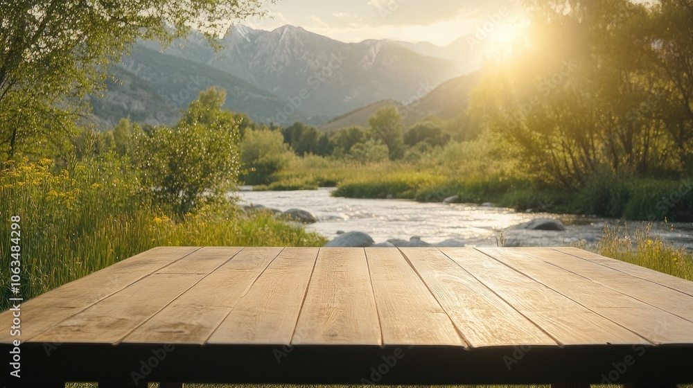 Poster wooden table set in a serene meadow with a backdrop of a mountain river illuminated by sunlight, off