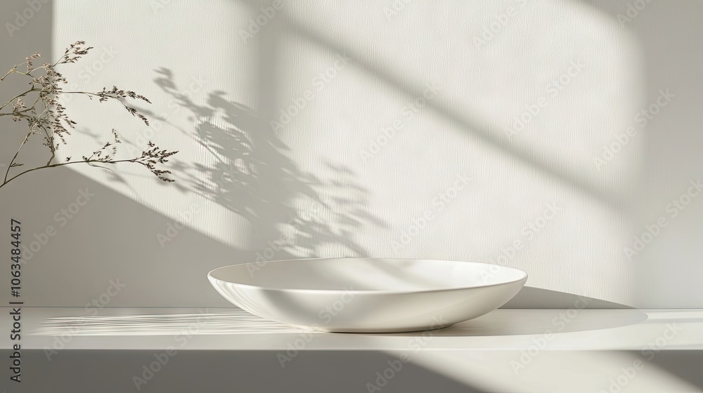 Poster minimalist flat lay of a classic white plate resting on a simple white table creates a serene atmosp