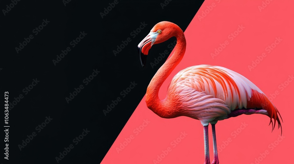 Poster vibrant flamingo set against a dramatic black and pink backdrop, creating a striking visual contrast