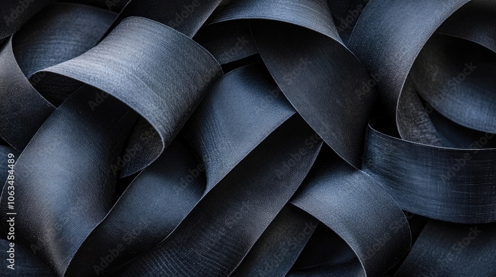 Poster black fabric ribbons arranged in a stacked roll, viewed from above, highlighting the texture and dep