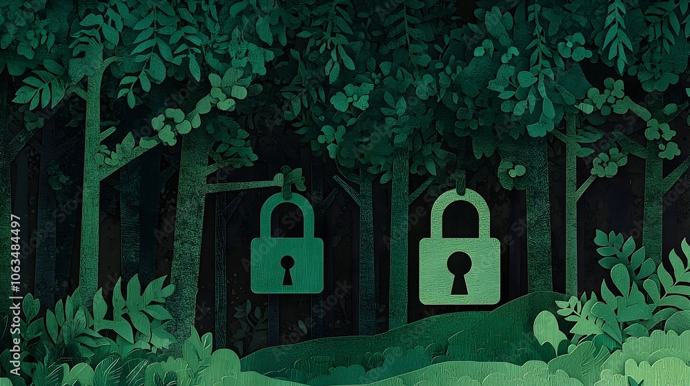 Poster layered digital privacy and data security concept illustrated in a paper cut style with padlocks dat