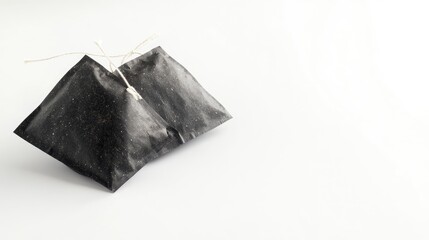 Two black teabags are isolated against a clean white background, creating an elegant and simple visual. The black teabags offer a striking contrast, perfect for design with copy space.