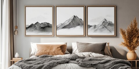 Mockup template for wall art featuring mountain line art prints in a bohemian style picture frame. Perfect for enhancing your space with unique decor.