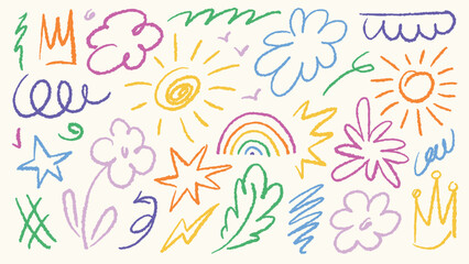 Hand drawn colorful charcoal doodle collection. Pencil drawings set with squiggle shapes and forms include crowns, sun, stars, flowers, clouds, smile and other collage elements.