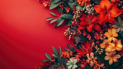 Close-up of vibrant flowers against a striking red background, with a focus on the intricate details of the flowers and ample copy space for creative use.