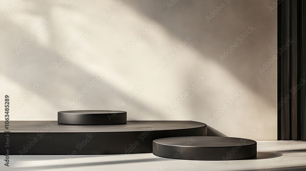 Poster minimalist empty black podiums designed for product display, creating a versatile space for showcasi