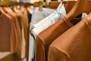Women fashion. Stylish earthy trendy clothes hanging on rack in fashion shop, store or boutique....