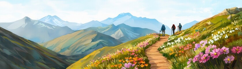 Obraz premium Scenic mountain trail with flowers, hikers enjoy vibrant nature.