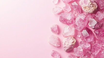 Fototapeta premium Odorless minerals arranged on a pink or white background highlight a minimalistic selfie style, conveying a personal story of illness with ample copy space for text.