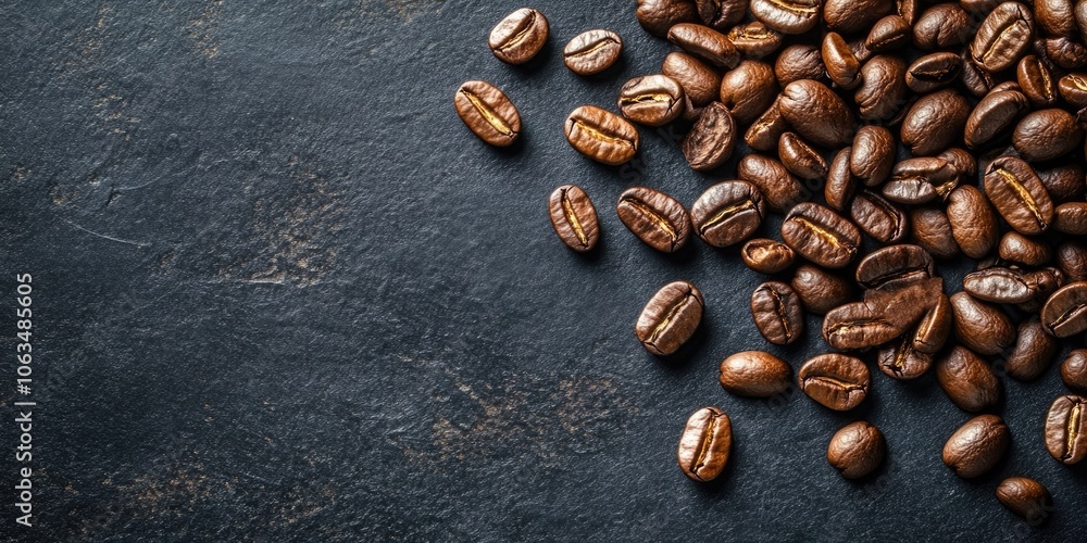 Poster coffee beans are set against a dark backdrop, creating a striking contrast, while there is an area o