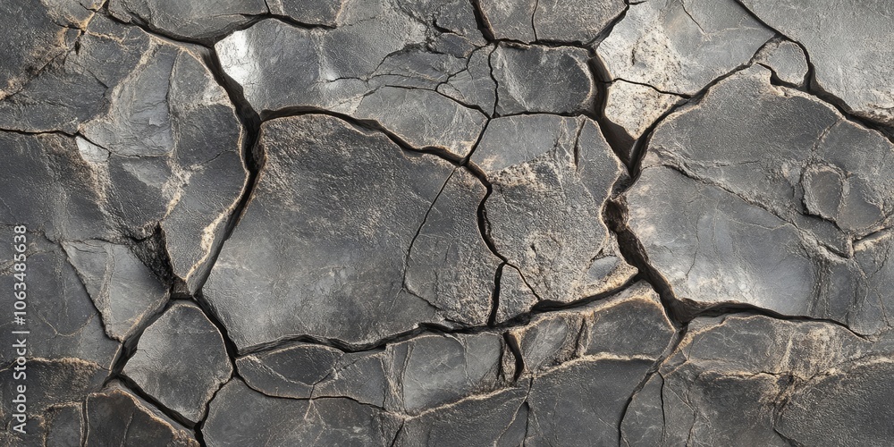 Poster the surface features a texture characterized by a pattern of cracks within gray sand, showcasing the