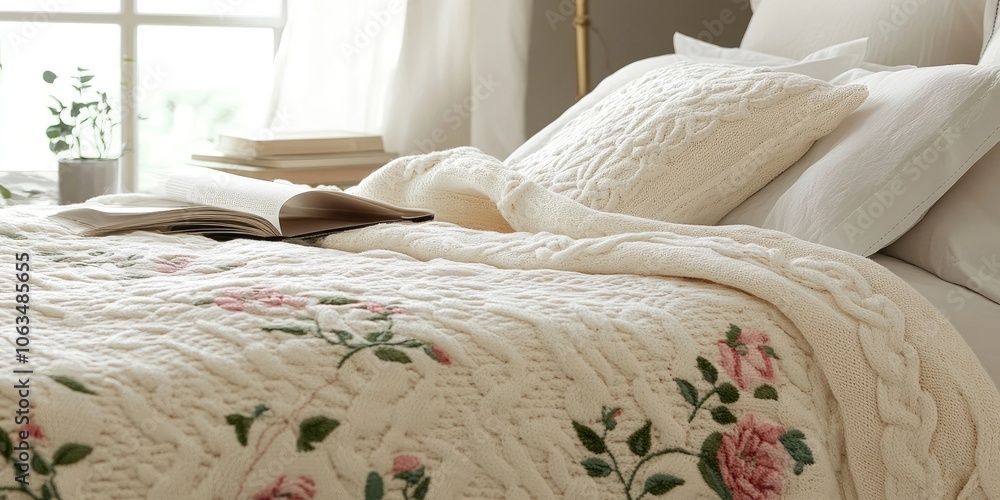 Poster a soft and warm white knitted blanket adorned with floral patterns is spread across the bed, creatin