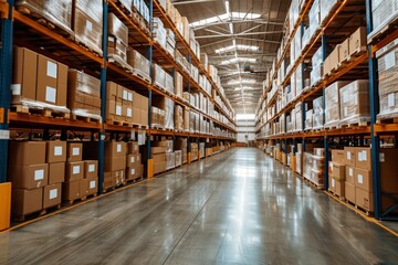 Spacious warehouse corridor flanked by pallets and an industrial refrigerator for product storage