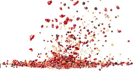 Obraz premium Creative arrangement of fresh healthy food highlights levitating red vegetable podded pepper flakes against an isolated white background, capturing the essence of vibrant flavors.