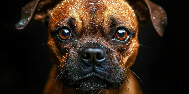 A brown dog with brown eyes and a black nose