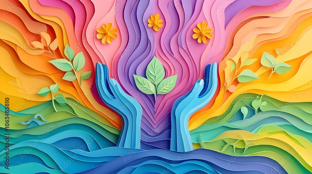 Poster layered paper cut style visual metaphor depicting the journey of addiction recovery and personal gro