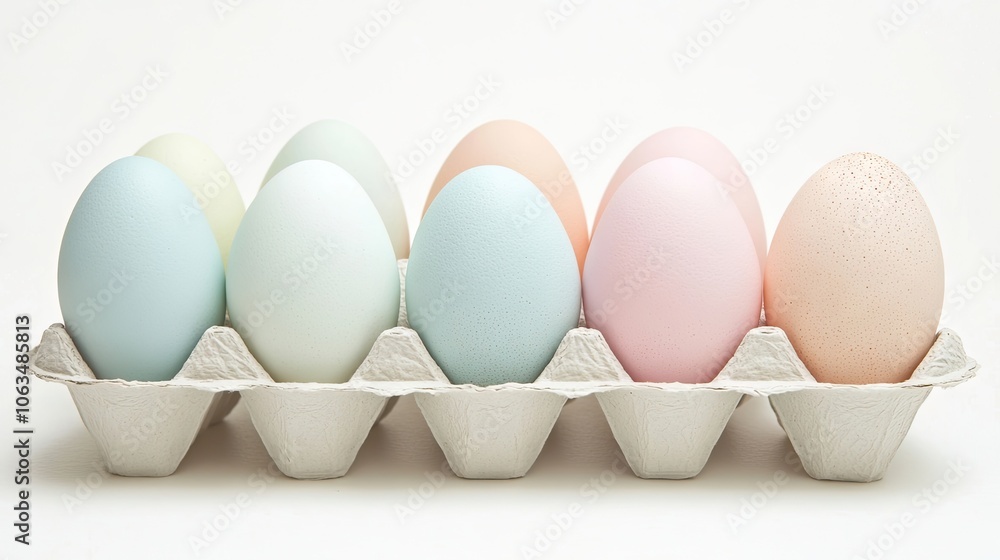 Aufkleber eight pastel-colored eggs neatly arranged in cartons, placed against a clean white background, creat