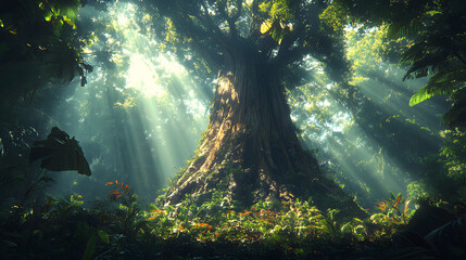 Obraz premium A Serene Jungle Landscape Featuring a Towering Tree Trunk With Sunlight Breaking Through the Canopy