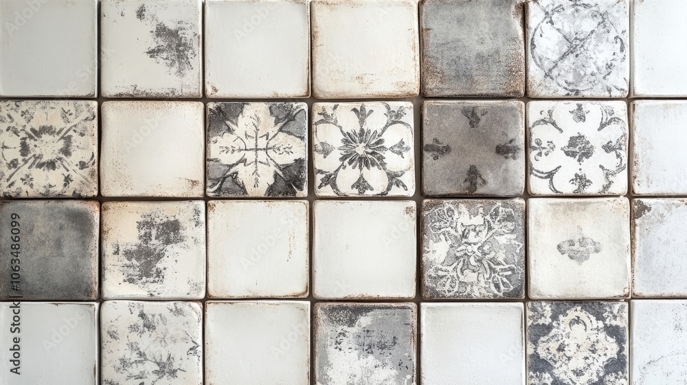 Poster rustic white and gray patchwork square motif tiles create a bright and clean texture background. thi
