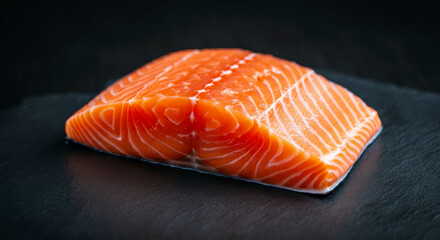 Raw salmon filet on dark slate background, fresh wild atlantic fish
