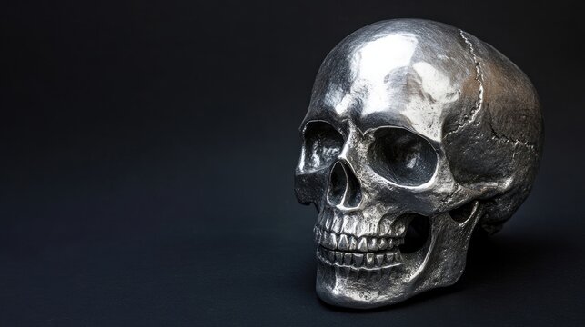 A silver skull embodies the concept of death, representing a dying head against a black background. This gravestone and Halloween symbol create a striking visual with ample copy space.