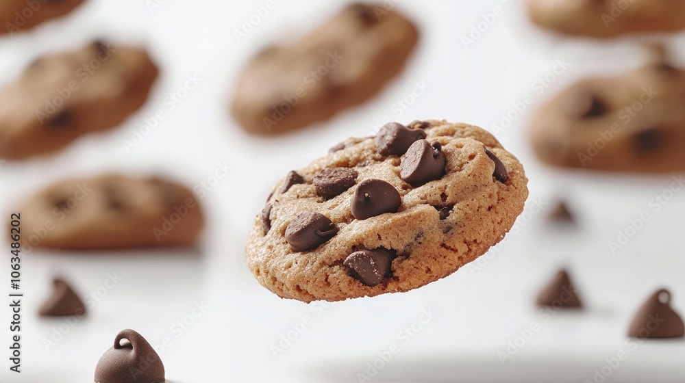 Poster chocolate chip cookies appear to float on a white surface, reflecting light beautifully. the delicio