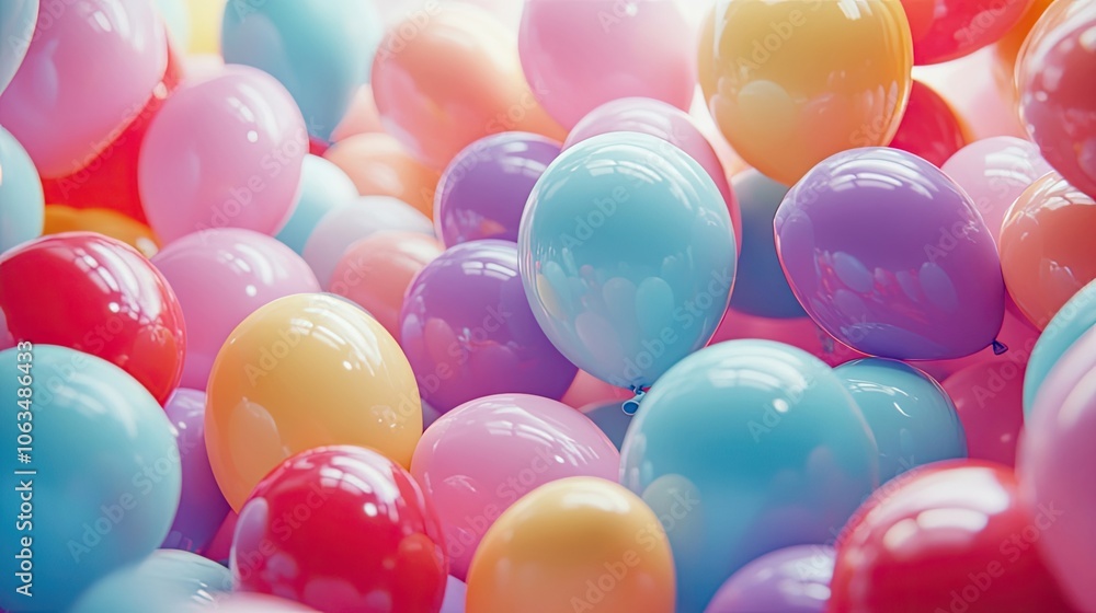 Poster vibrant and colorful balloons create a playful scene with a bulging effect, emphasizing an overfille
