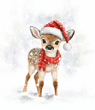 Cute baby deer wearing a red hat and scarf standing in the snow on a white background, watercolor illustration