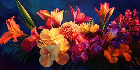 Tropical flower arrangement featuring exotic blooms illuminated by the soft glow of evening light, highlighting the beauty and vibrancy of the floral display.