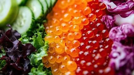 Close-up of a vibrant salad composed of lumpfish eggs, complemented by a variety of fresh salads, with ample space for text or graphics in the composition.
