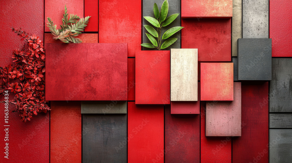 Poster a colorful pattern of squares with a red background