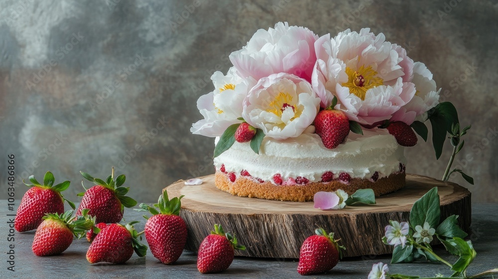 Poster delightful white peony and strawberry cake in three colors arrangement on a rustic wooden disc, comp