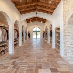 Obraz premium Spacious interior featuring organized clothing displays and natural light.