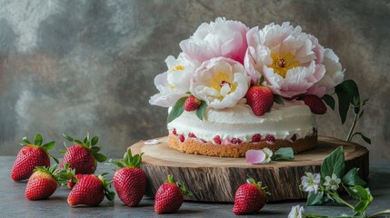 Delightful white peony and strawberry cake in three colors arrangement on a rustic wooden disc, complemented by scattered flowers creating a vibrant display. Photo with ample copy space.