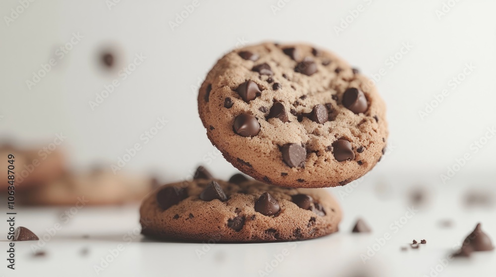 Poster chocolate chip cookies appear to float on a white surface, reflecting light beautifully. the delicio