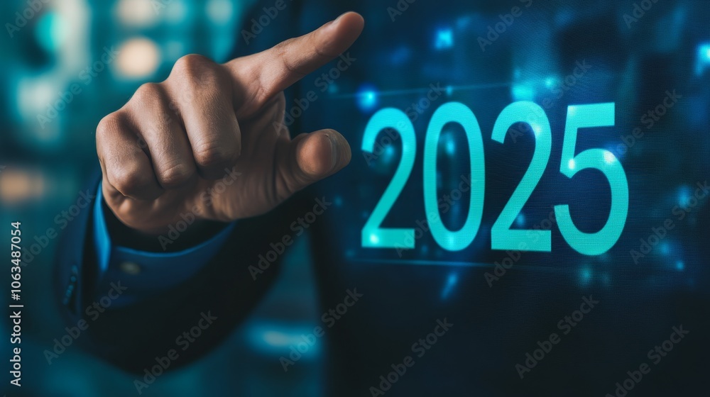Poster a person points towards a glowing display showing the year 2025, symbolizing future planning and inn