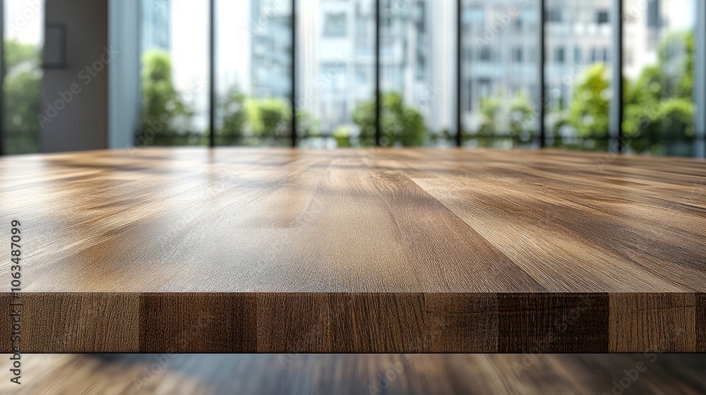 Poster wooden table top with modern office windows in the background, offering a high-quality image that em