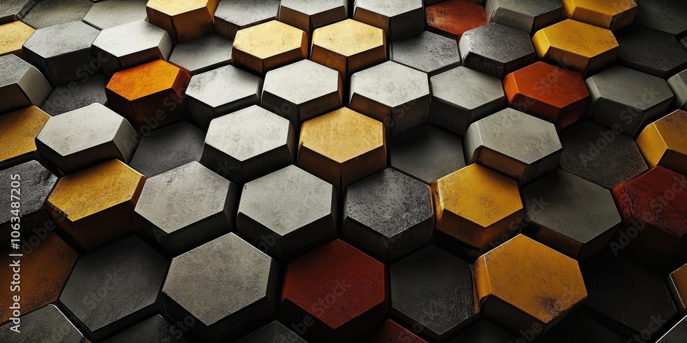 Poster the abstract textures of hexagonal grids, featuring different heights and shades, create a lively 3d