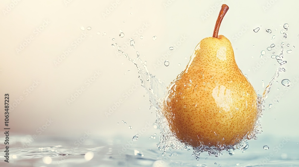 Poster a pear fruit floats gracefully in the air above water, creating a splash that emphasizes the freshne