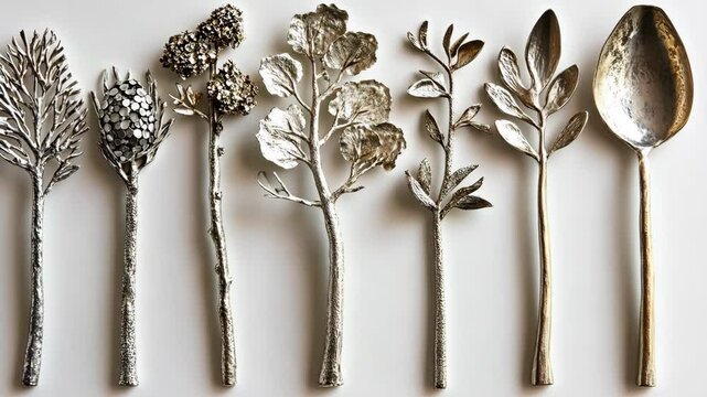 Seven silver spoons shaped like trees and plants lay on a white surface