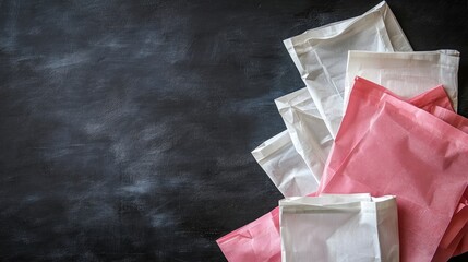 Collection of empty white and pink shopping bags arranged on a black chalkboard background, ideal for displaying designs or text with ample copy space available.