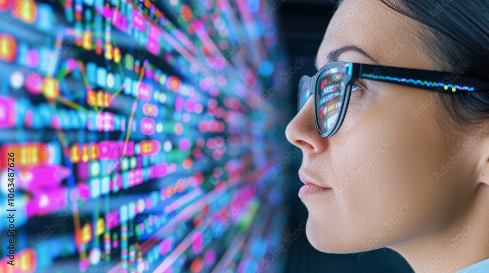 Poster close-up of quantum computing researcher analyzing data reflections in glasses