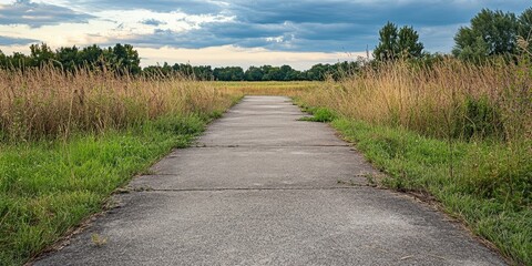An unoccupied sidewalk set against a background of an asphalt road provides ample space for text. This empty pathway invites commentary or creativity in its openness.