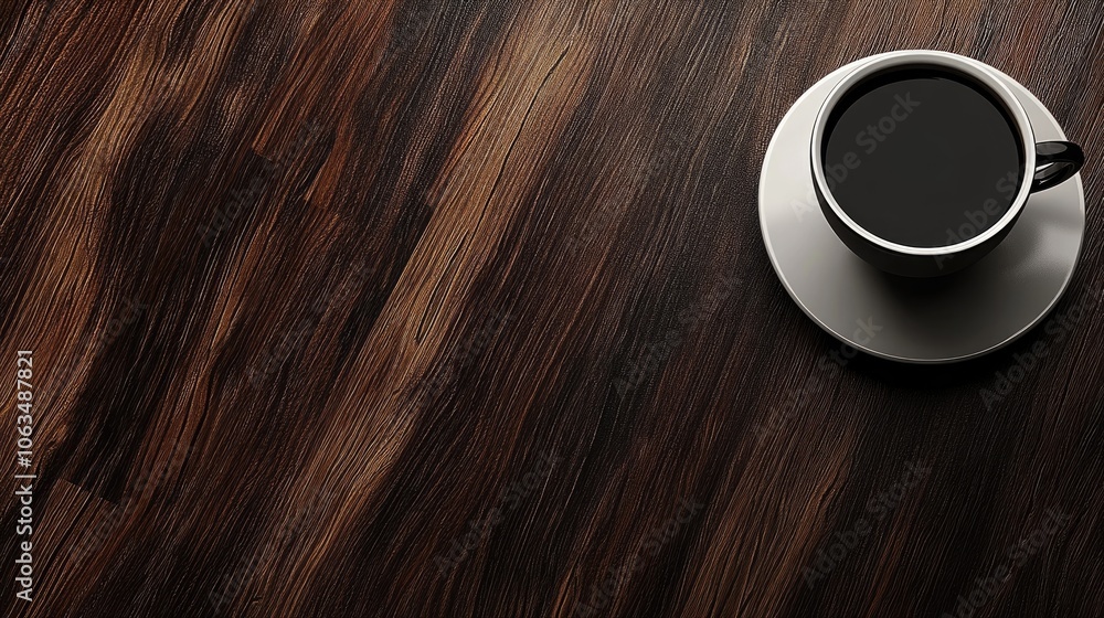 Poster dark wooden coffee surface ideal for product presentation with ample copy space, creating an invitin