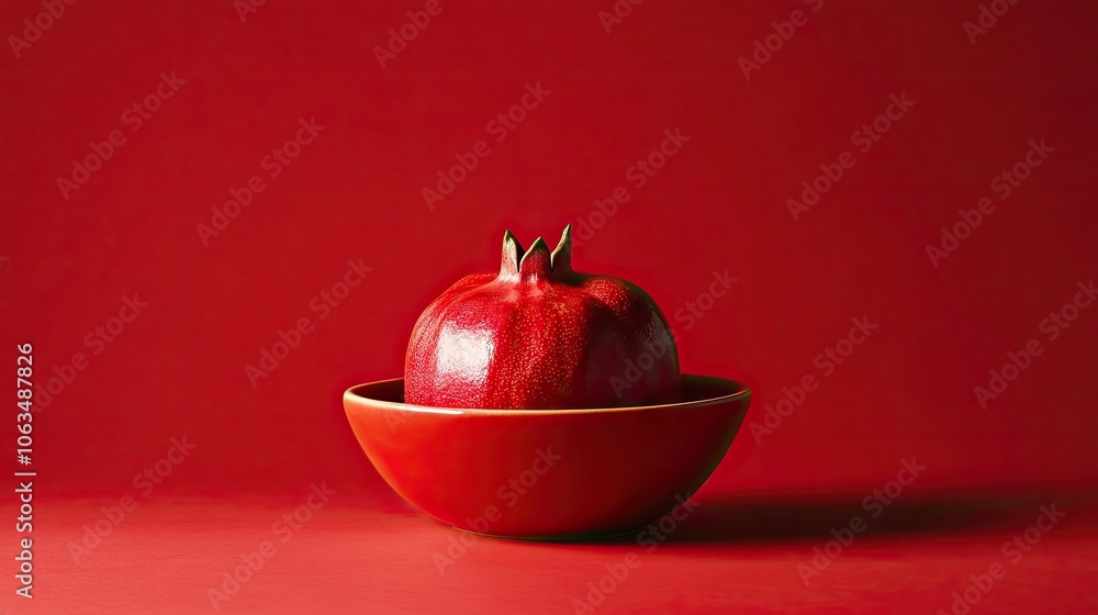 Aufkleber red ripe pomegranate sits in a bowl against a vibrant red background, highlighting the rich color an