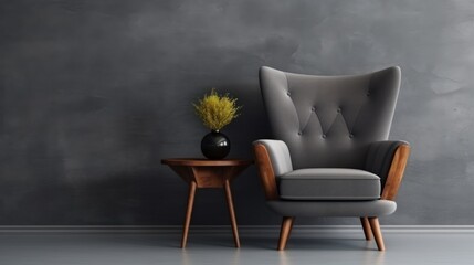 interior design concept armchair with gray upholstery coffee table with wooden surface on gray wall background 