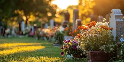 In the soft glow of the evening light, cemetery grounds are beautifully decorated with flowers and headstones, creating a serene and respectful atmosphere.