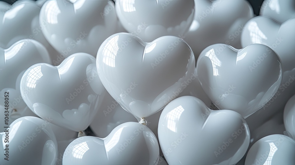 Poster white rounded heart shape balloons float gracefully against a glossy mirror-coated backdrop, creatin